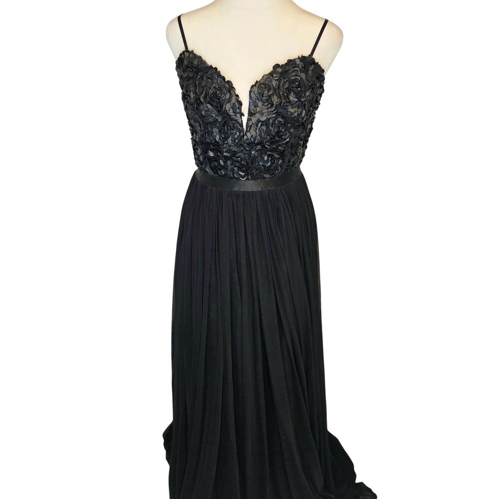 AKIRA special occasion black 3D rosette plunging v-neck chiffon floor gown